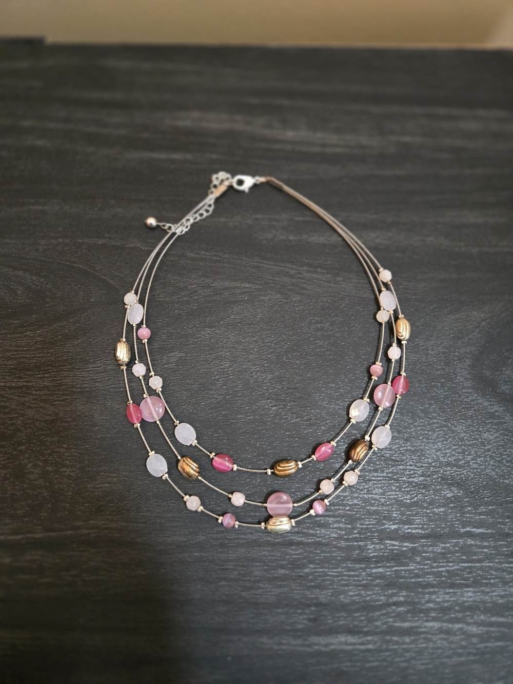Multi-Strand Pink & Gold Beaded Necklace